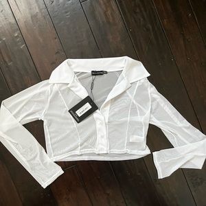 White Sheer Mesh Long Sleeve Crop Shirt